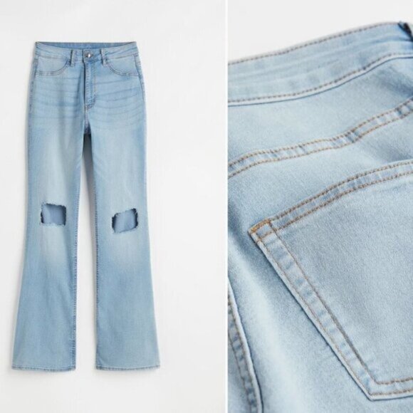H&M Flared High Rise Distressed Light Blue Jeans Size 6 - Picture 1 of 16